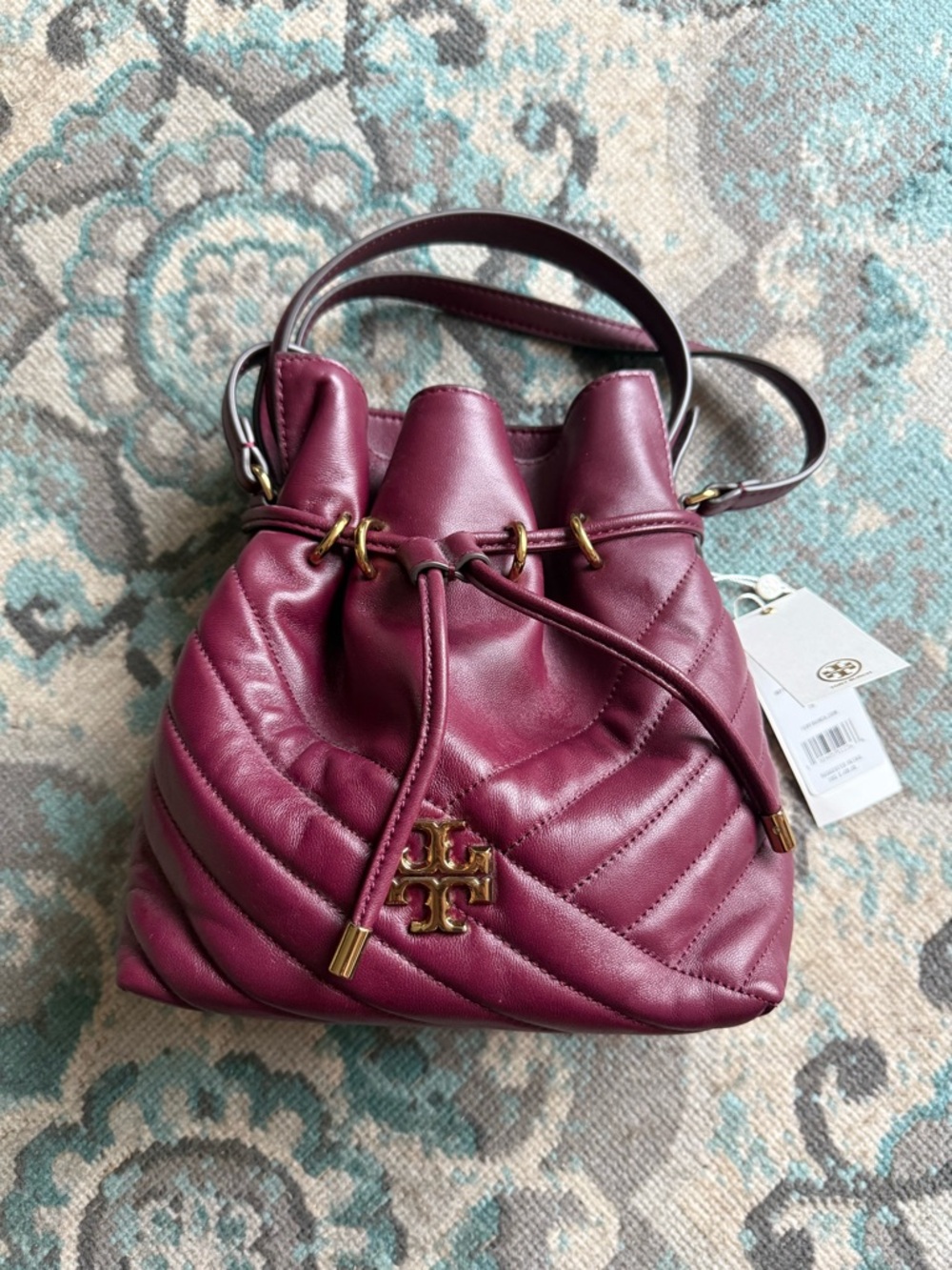 Tory Burch Burgundy Quilted Leather Drawstring Bucket Crossbody - Picture 2 of 5